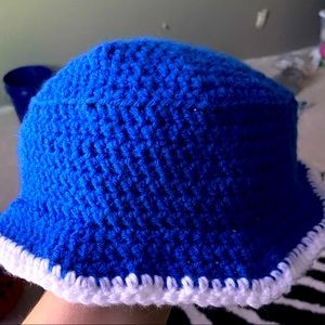 Blue handmade crochet bucket hat.